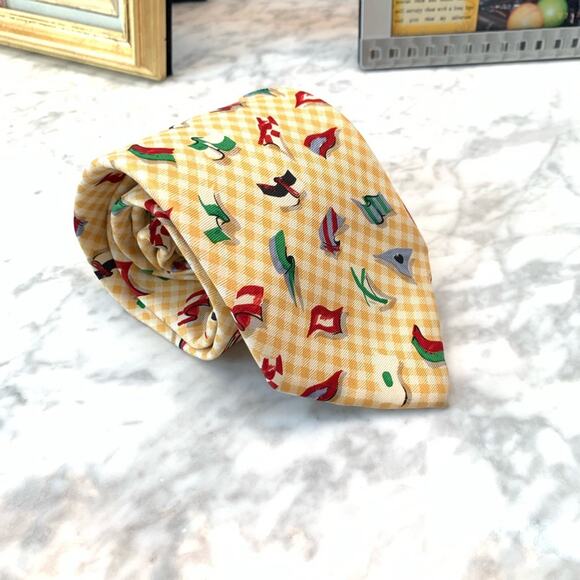 Lands End Long Silk Yellow White Checker Neck Tie - Picture 4 of 5